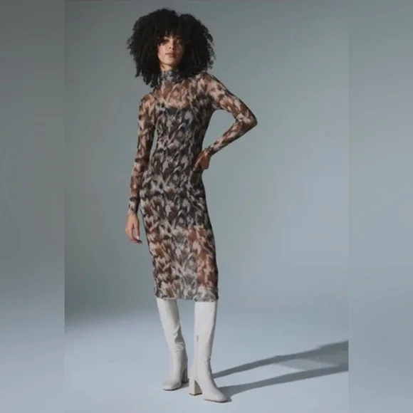 Steve Madden Vivienne Oak Buff Print Turtleneck Mesh Midi Dress size‎  medium new